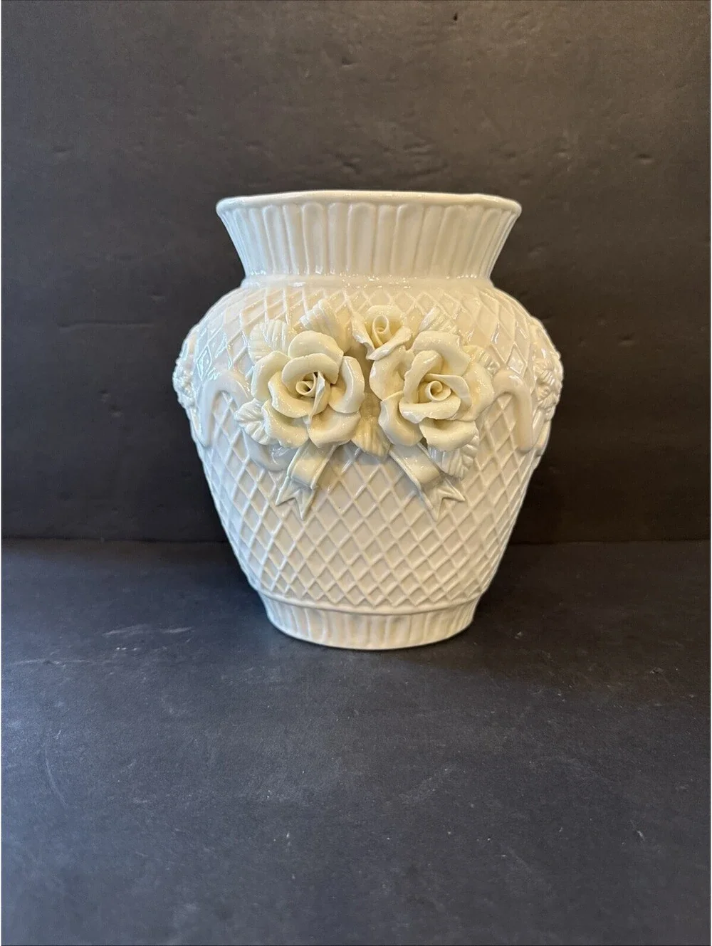 Vintage Porcelain Ivory Floral Vase Diamond Pattern Basket Weave  7” W X 7.5” H